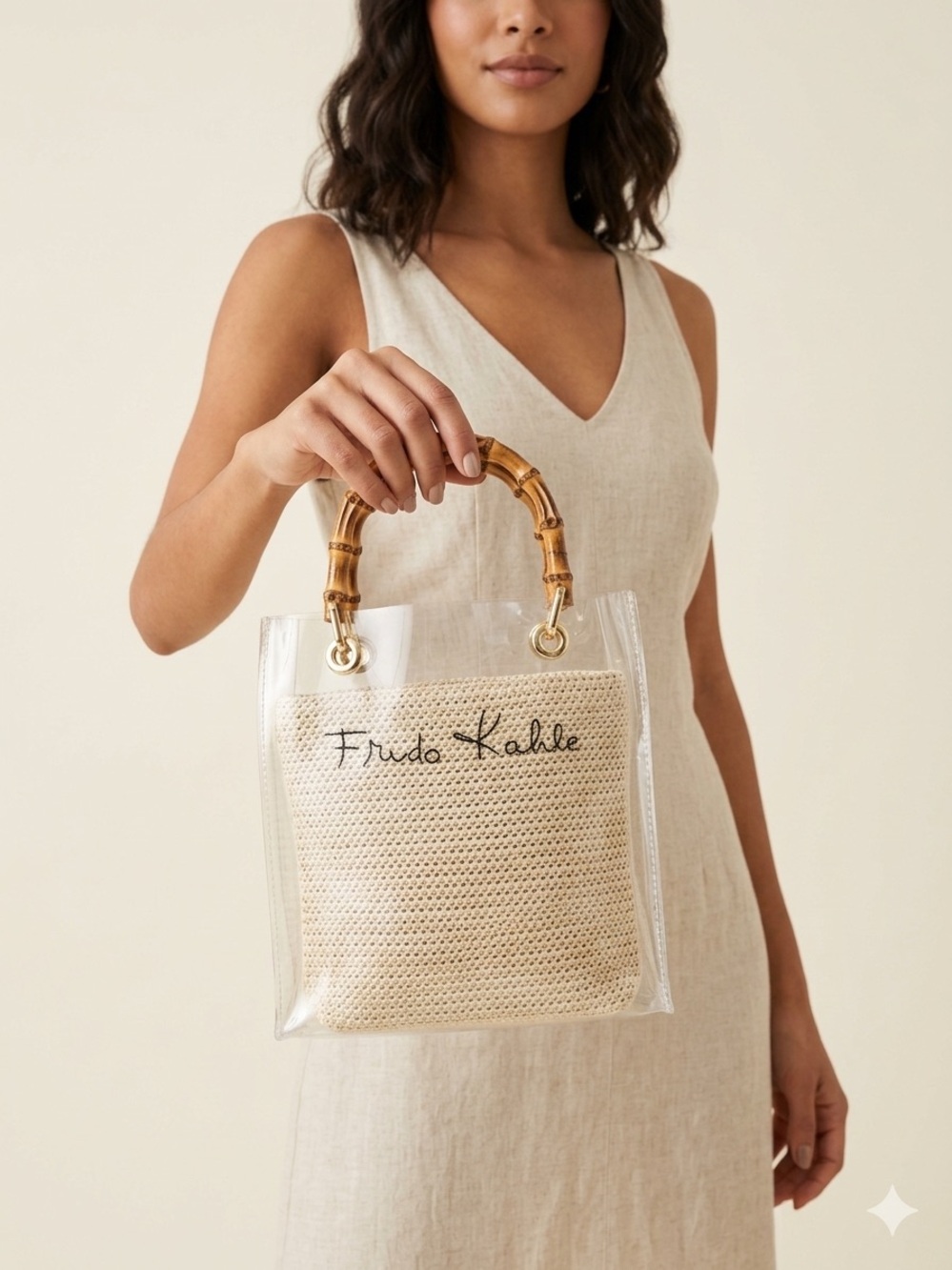 Clear Tote with Bamboo Handles and Cream Woven Insert